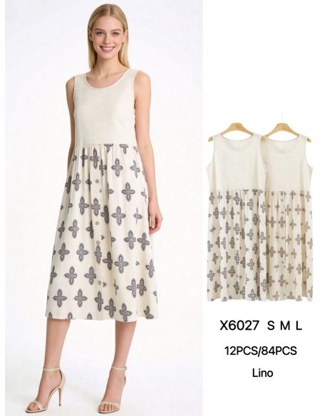 Vestido midi estampado sin mangas efecto lino