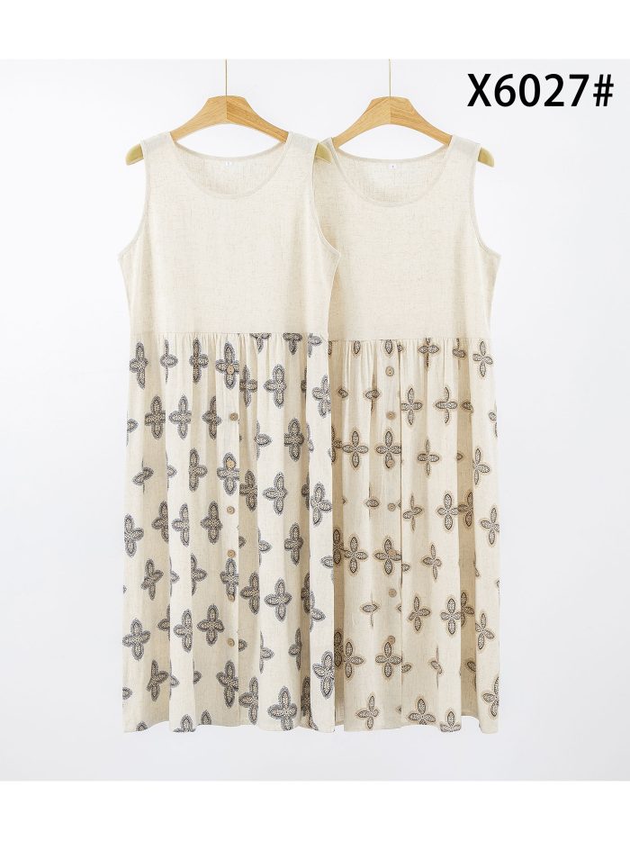 Vestido midi estampado sin mangas efecto lino