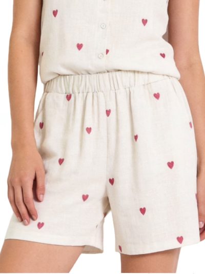 Pantalón corto efecto lino corazones bordados