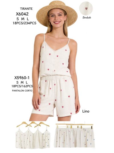 Pantalón corto efecto lino corazones bordados 2