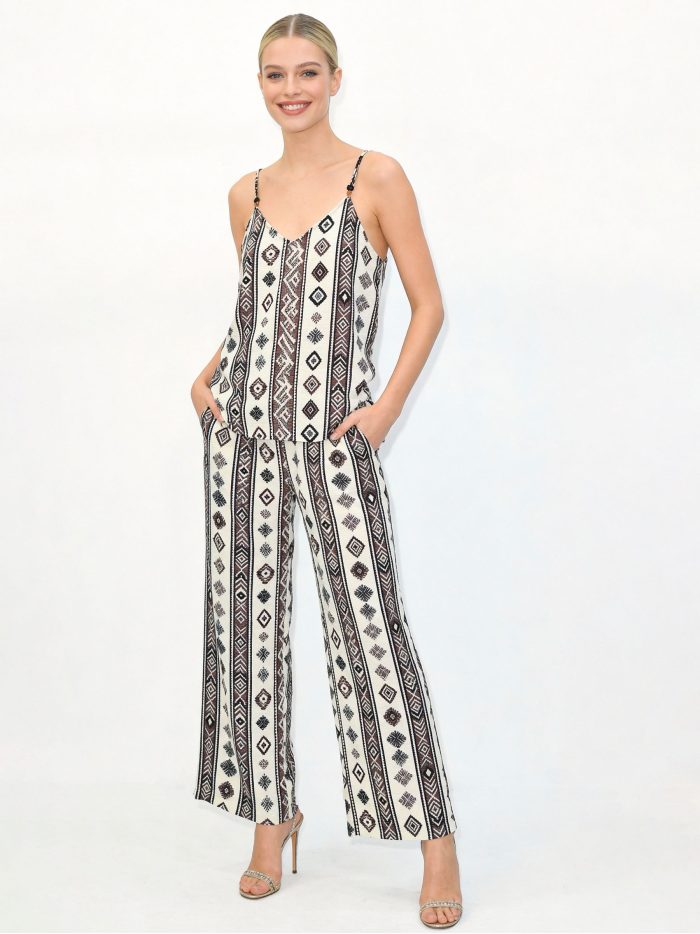 Two-piece ethnic print set: cami top & wide-leg trousers