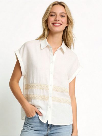 Camisa efecto lino encaje manga caída