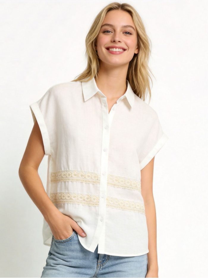 Camisa efecto lino encaje manga caída