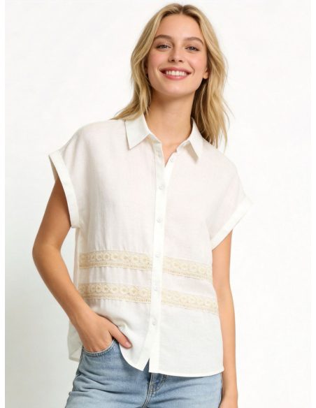 Camisa efecto lino encaje manga caída