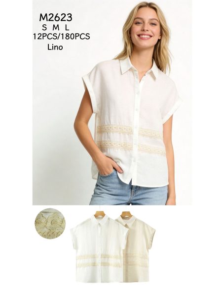 Camisa efecto lino encaje manga caída