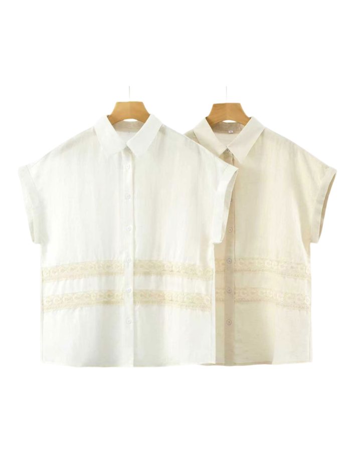 Camisa efecto lino encaje manga caída