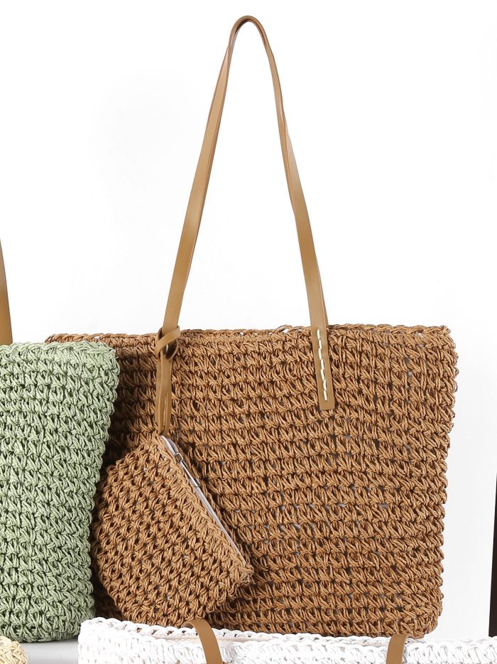 Borsa tote in rafia con beauty case