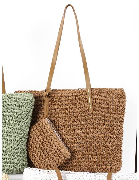 Borsa tote in rafia con beauty case
