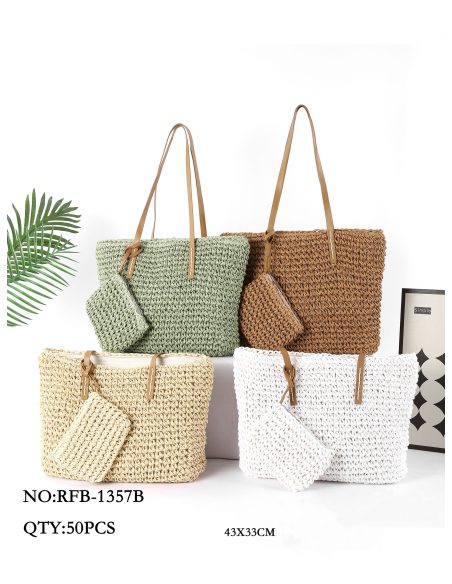 Borsa tote in rafia con beauty case