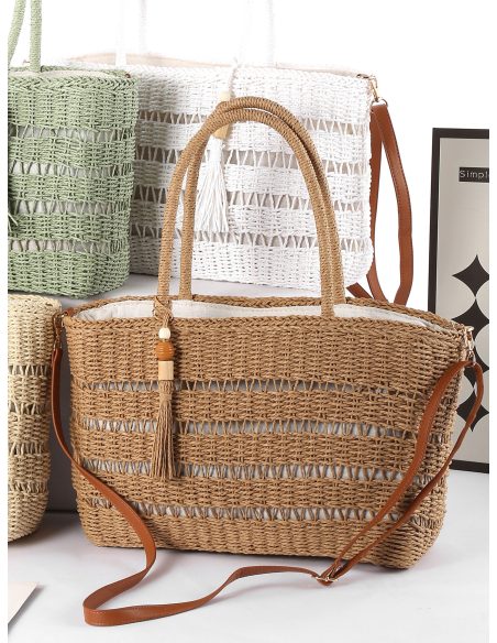 Borsa compatta in rafia con nappa