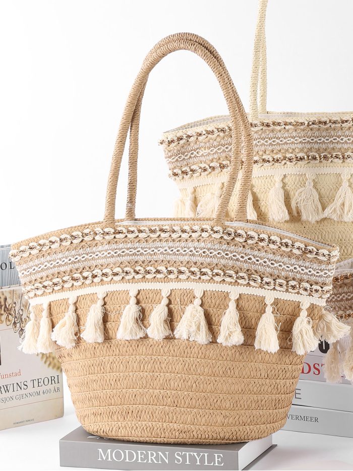 Bolso shopper de rafia con borla y bordado