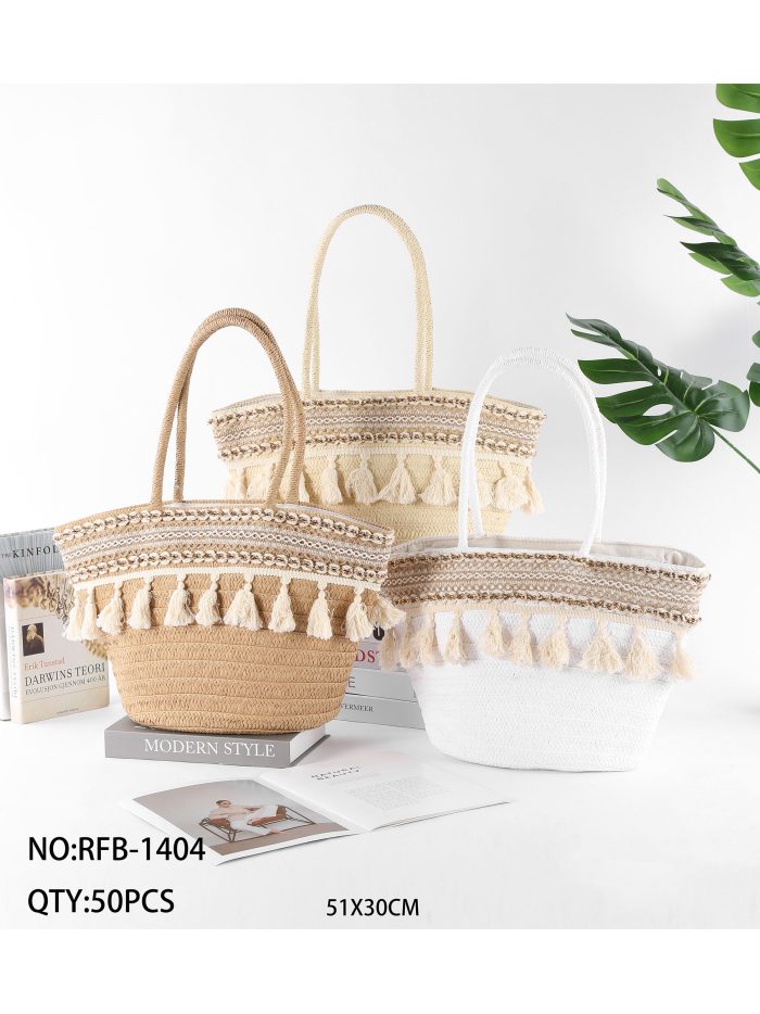 Bolso shopper de rafia con borla y bordado