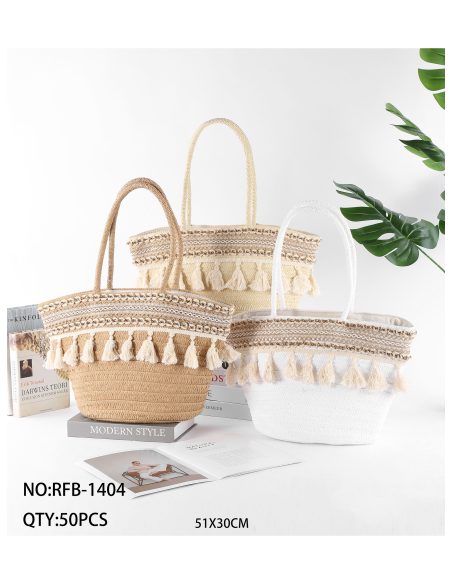 Bolso shopper de rafia con borla y bordado