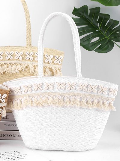 Bolso shopper de rafia con conchas y borla