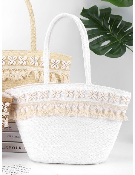 Einkaufstasche aus Bast mit Muscheln und Quaste