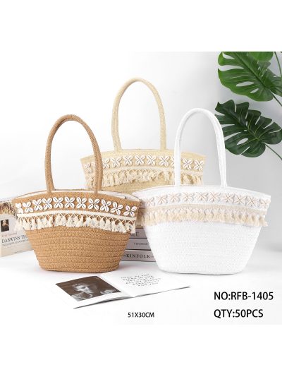 Bolso shopper de rafia con conchas y borla 2