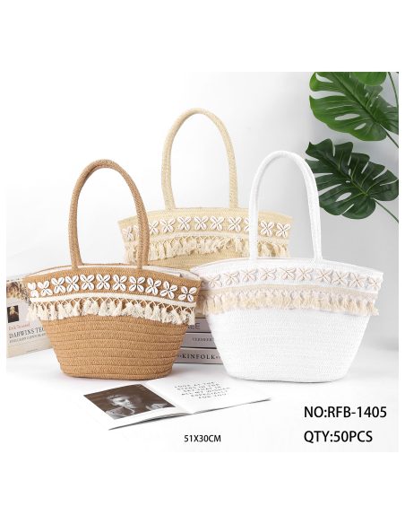 Einkaufstasche aus Bast mit Muscheln und Quaste