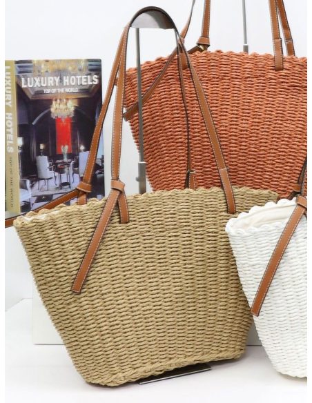 Bolso tote compacto de rafia con asas efecto piel