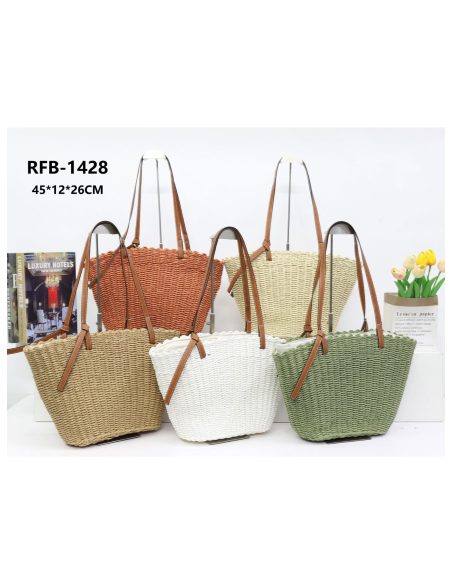 Bolso tote compacto de rafia con asas efecto piel