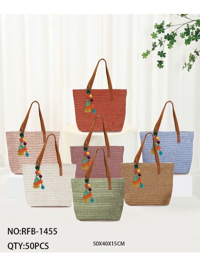 Bolso shopper de rafia con colgante de pompones 2