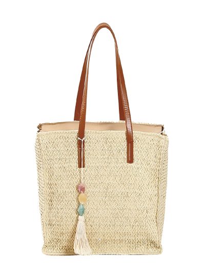 Bolso tote rectangular pequeño de rafia con borla