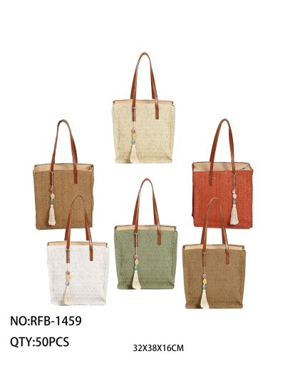 Bolso tote rectangular pequeño de rafia con borla 2