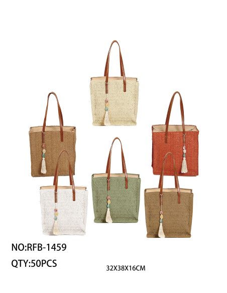 Bolso tote rectangular pequeño de rafia con borla