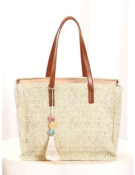 Grande borsa tote rettangolare in rafia con nappa