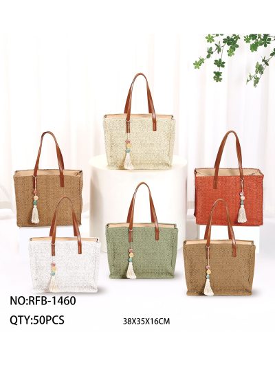 Bolso tote rectangular grande de rafia con borla 2