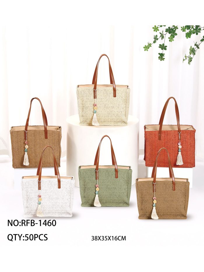 Grande borsa tote rettangolare in rafia con nappa