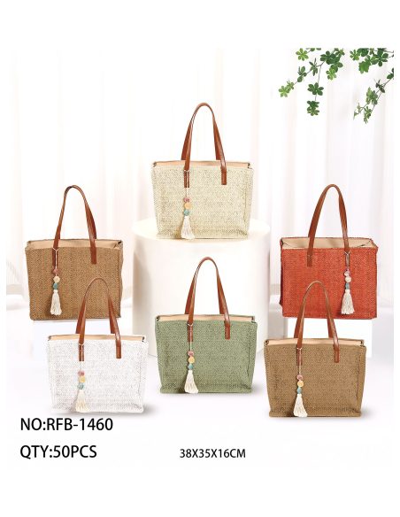 Grande borsa tote rettangolare in rafia con nappa