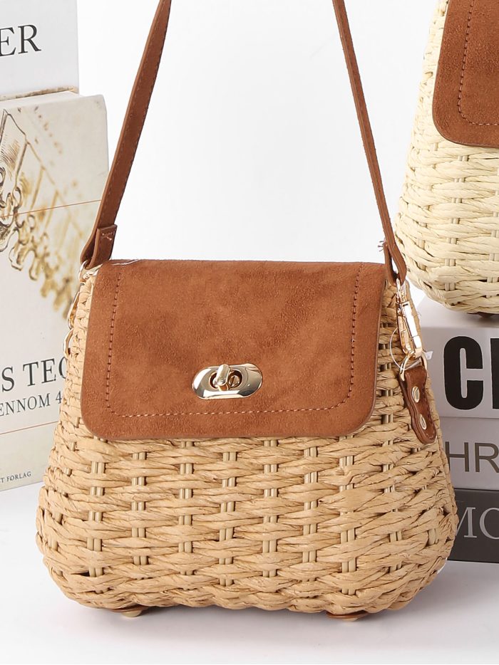 Schultertasche aus Bast mit Überschlag aus Kunstleder