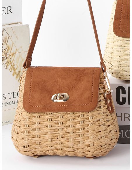 Schultertasche aus Bast mit Überschlag aus Kunstleder