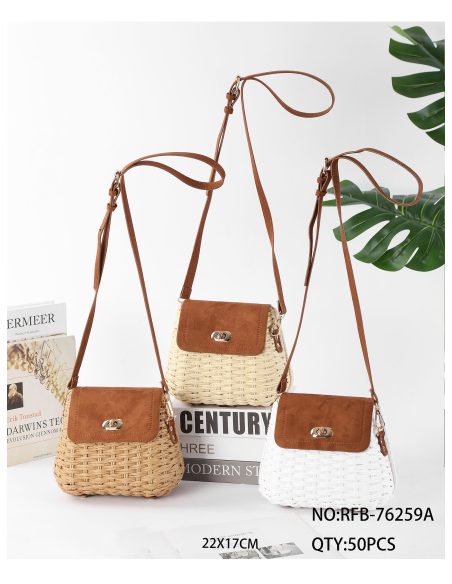 Schultertasche aus Bast mit Überschlag aus Kunstleder