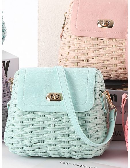 Schultertasche aus Bast mit Überschlag aus Kunstleder