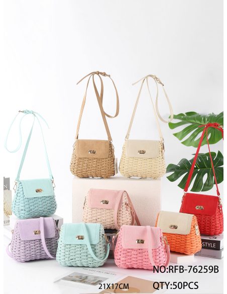 Schultertasche aus Bast mit Überschlag aus Kunstleder