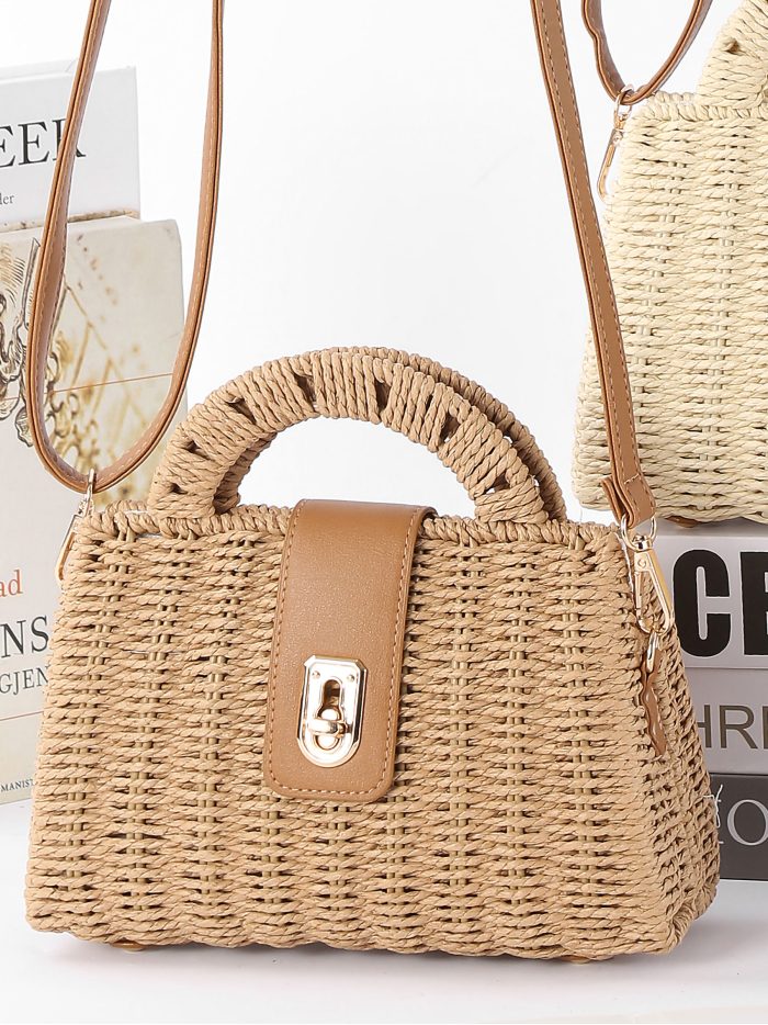 Handtasche aus Bast mit Henkel und Metallverschluss