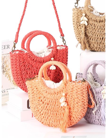 Borsa a mano in rafia a mezzaluna con nappa