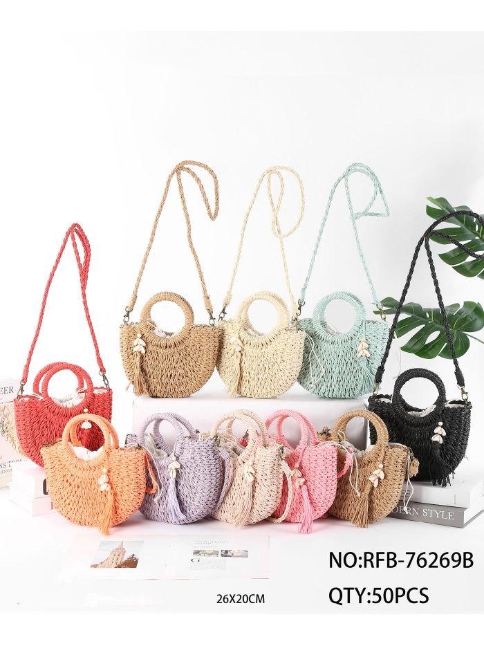 Borsa a mano in rafia a mezzaluna con nappa