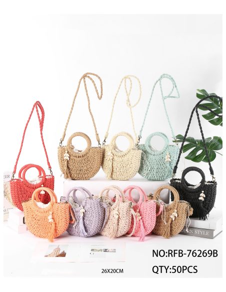 Borsa a mano in rafia a mezzaluna con nappa