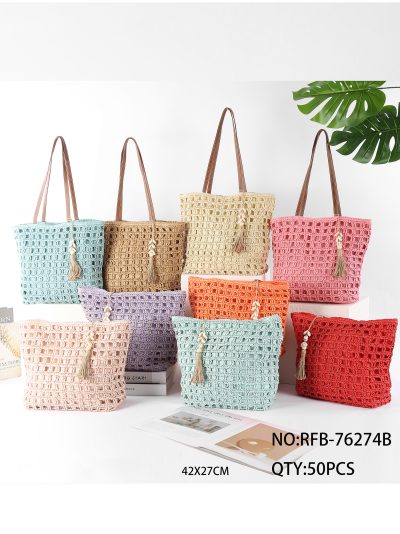 Bolso tote de rafia calada con borla y conchas 2