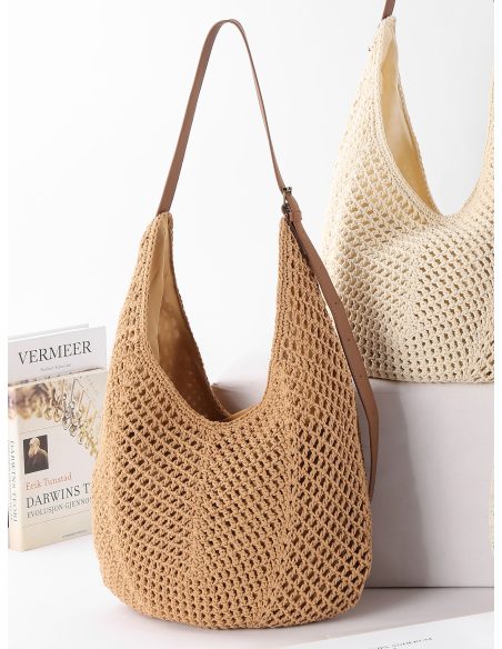 Grande borsa hobo traforata all'uncinetto con manici in similpelle