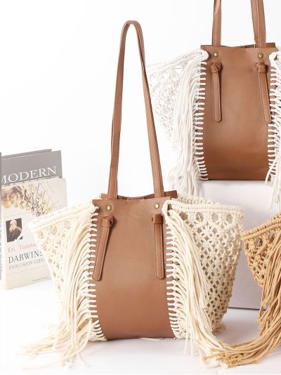 Bolso tote de macramé con panel efecto piel y flecos