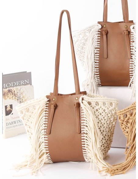 Bolso tote de macramé con panel efecto piel y flecos