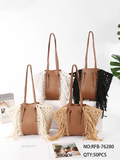 Bolso tote de macramé con panel efecto piel y flecos 2