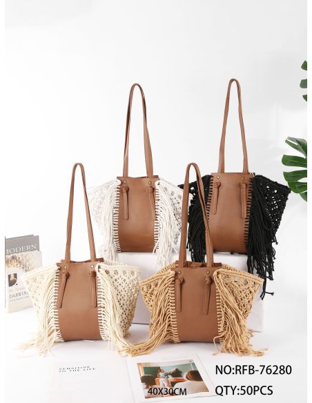 Bolso tote de macramé con panel efecto piel y flecos