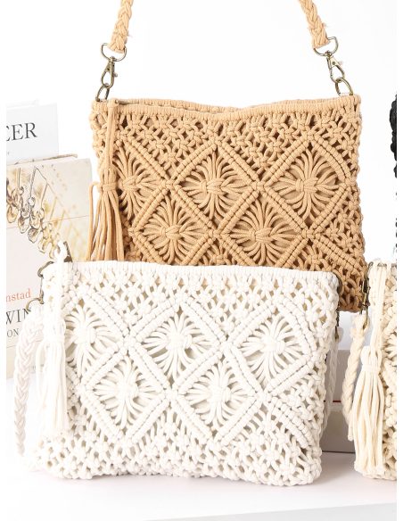 Borsa a tracolla geometrica in macramè con nappa