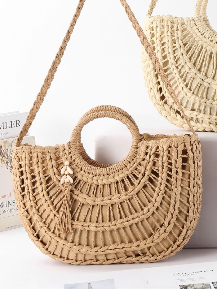 Bolso de rafia semicircular con asa redonda