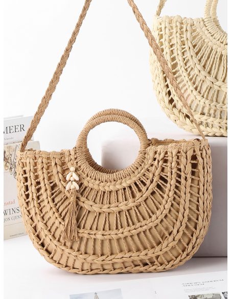 Bolso de rafia semicircular con asa redonda