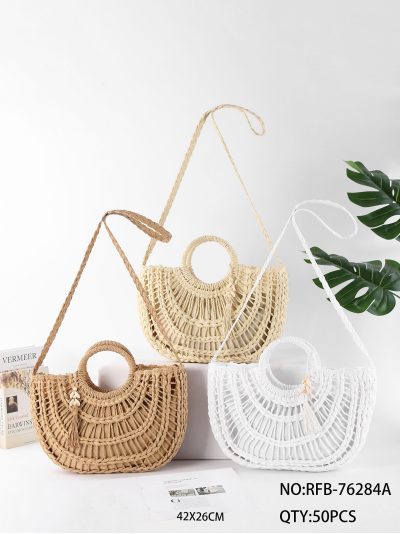 Bolso de rafia semicircular con asa redonda 2